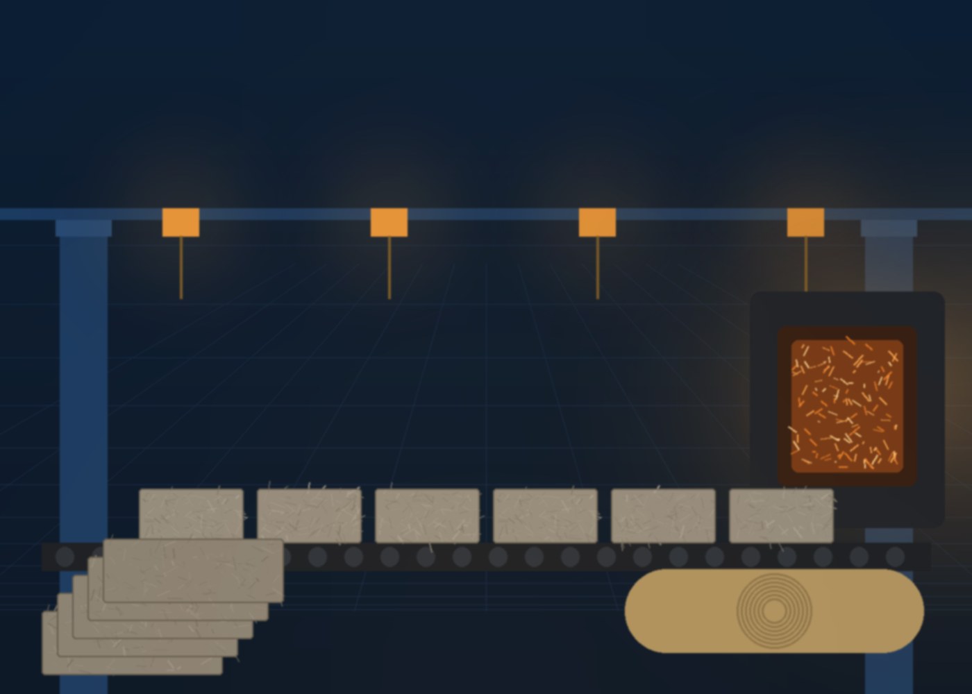 Taishi rock wool production line — rock wool boards on the conveyor in the factory hall