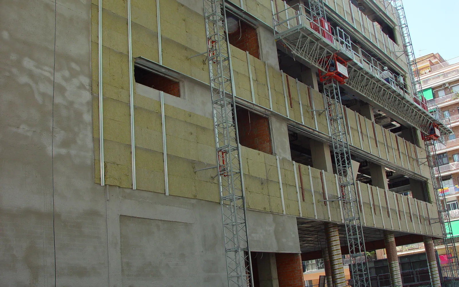 Stone wool insulation boards installed on a building facade